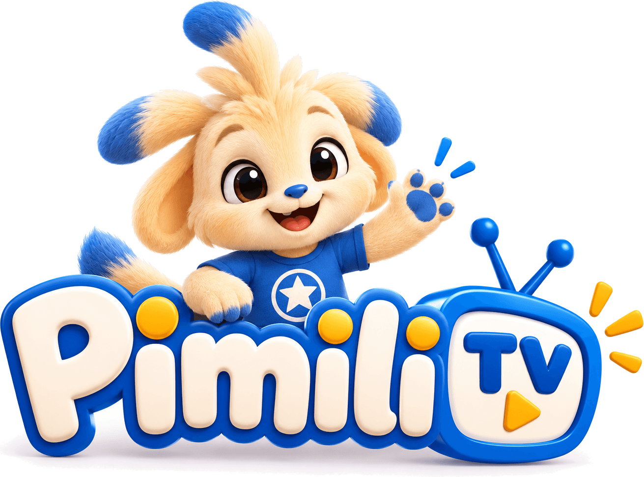 Logo Pimili TV : Pimili, petite peluche crème aux oreilles bleues et au t-shirt étoilé, fait coucou au-dessus du titre